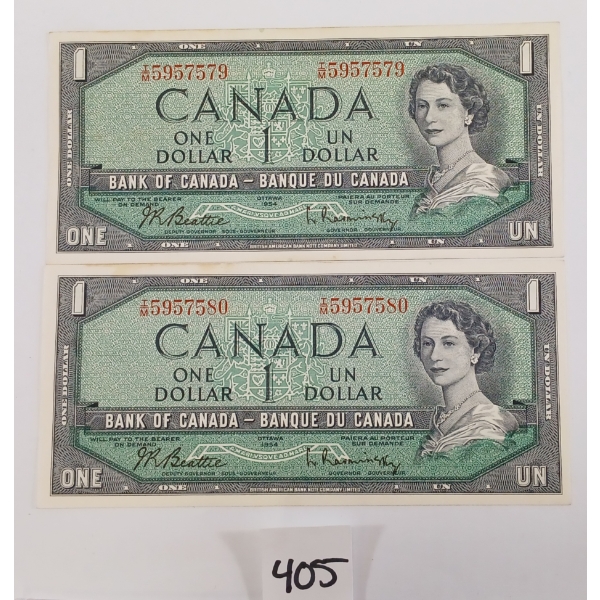 LOT OF 2 - 1954 CDN $1 BANKNOTES - SEQUENTIAL & UNCIRCULATED
