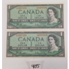 Image 1 : LOT OF 2 - 1954 CDN $1 BANKNOTES - SEQUENTIAL & UNCIRCULATED