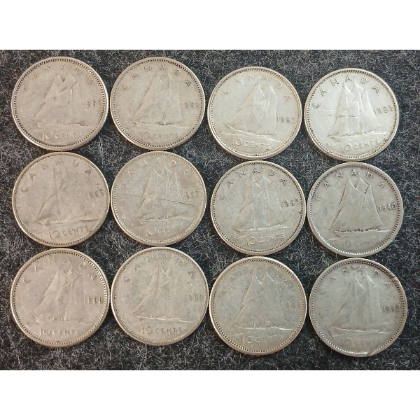 LOT OF 12 - 1940-1965 CDN 10 CENT COINS