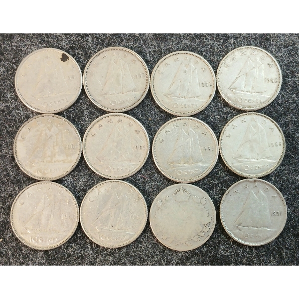 LOT OF 12 - 1951-1968 CDN 10 CENT COINS