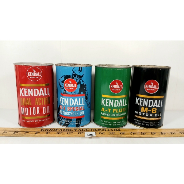 LOT OF 4 - KENDALL GT-1 MOTORCYCLE, DUAL ACTION, M-6 & AT-FLUID MOTOR OIL QT CANS 