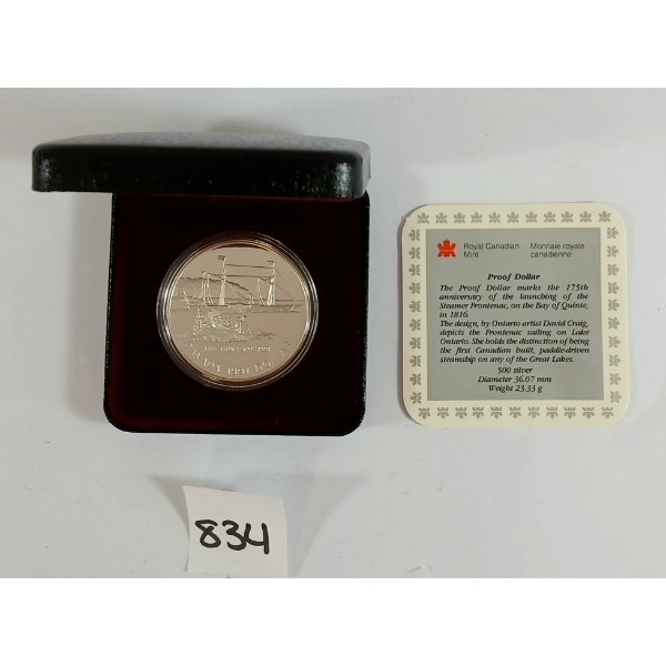 1991 RCM PROOF DOLLAR - 175TH ANNIVERSARY OF THE LAUNCHING OF THE STEAMER FRONTENAC