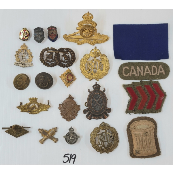 JOB LOT - CDN INSIGNIA - WOMEN'S AUX ARMY BADGE, WWI DRUMMERS PATCH, CAP BADGES, ETC