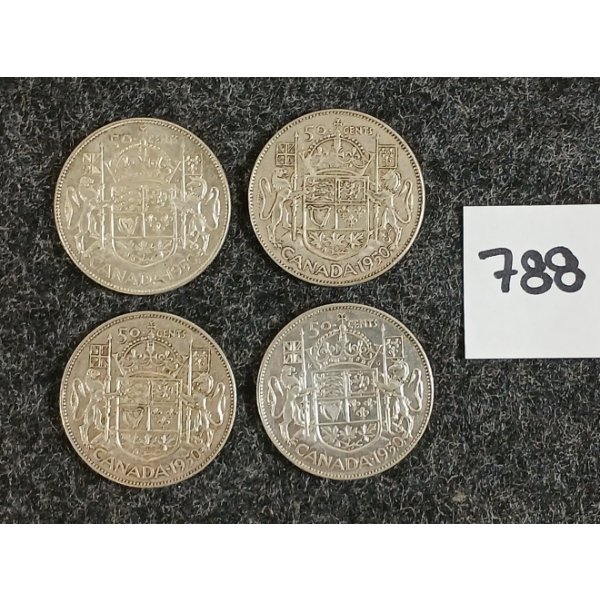 LOT OF 4 - 1950 CDN 50 CENT SILVER COINS