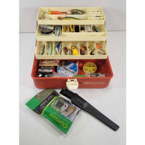 OLD PAL / WOODSTREAM TACKLE BOX W/ ACCESS - INCL FILLET KNIFE & HOOKS, ETC