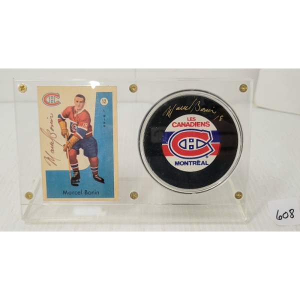 1958 NHL MONTREAL CANADIENS MARCEL BONIN HOCKEY CARD & PUCK W/ PLAQUE - SIGNED