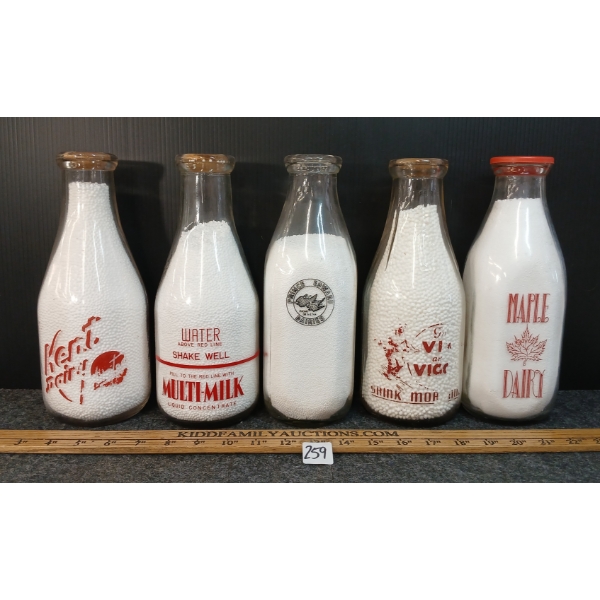 LOT OF 5 - MILK BOTTLES - PRINE EDWARD, CLARK, KENT, MAPLE & MULTI-MILK