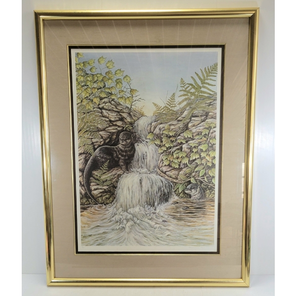  BY THE FALLS - RIVER OTTERS  BY CHRISTINE MARSHALL (PRS CDN ARTIST) - FRAMED PRINT