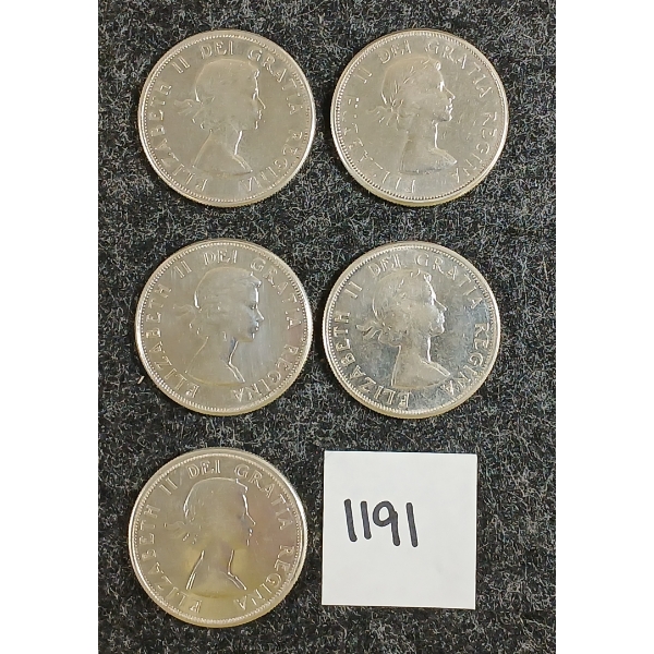 LOT OF 5 - 1959 CDN 50 CENT SILVER COINS