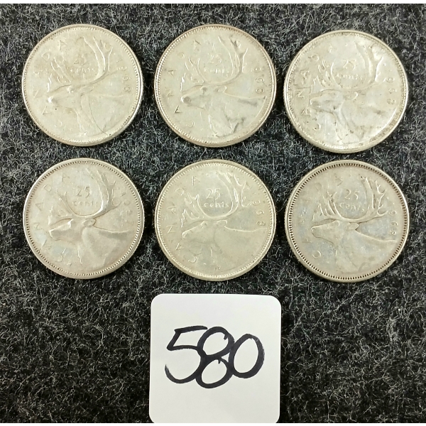 LOT OF 6 - 1957-1968 CDN 25 CENT COINS