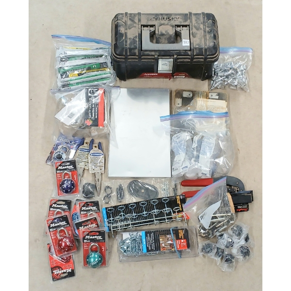 JOB LOT - MASTERLOCKS, SAFETY GLASSES, MISC SOCKETS, HUSKY TOOL CHEST, HAND TOOLS, ETC