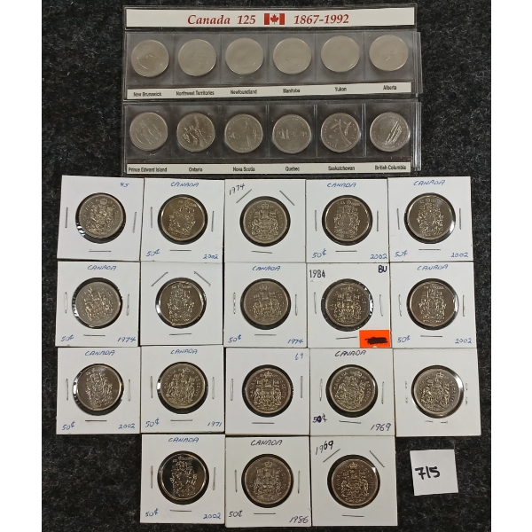 LOT OF 19 - 1992 CDN 25 CENT COIN SET & 1968-2002 CDN 50 CENT PCS