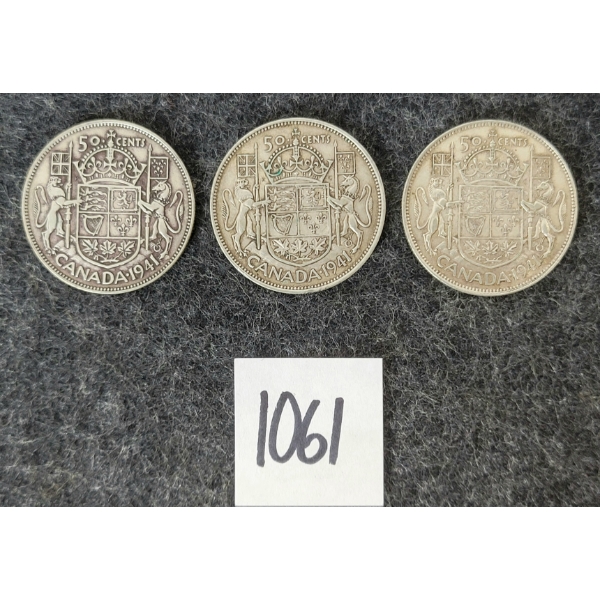LOT OF 3 - 1941 CDN 50 CENT SILVER COINS