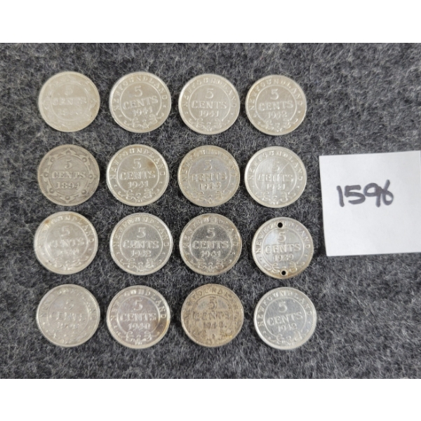 LOT OF 16 - 1894-1945 NEWFOUNDLAND 5 CENT SILVER COINS