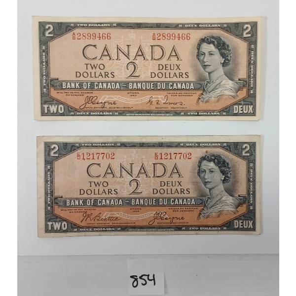 LOT OF 2 - 1954 CDN $2 BANKNOTES