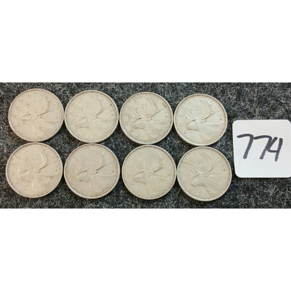 LOT OF 8 - 1954 CDN 25 CENT COINS