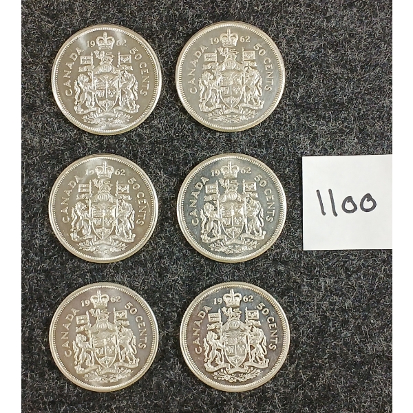 LOT OF 6 - 1962 CDN 50 CENT SILVER COINS