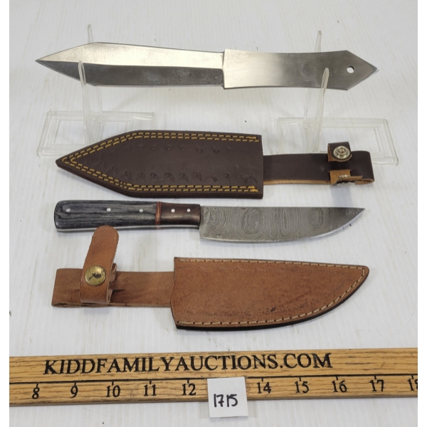 LOT OF 2 - UNMARKED THROWING KNIFE & R.A.K.T. DAMASCUS HUNTING KNIFE W/ SHEATHS