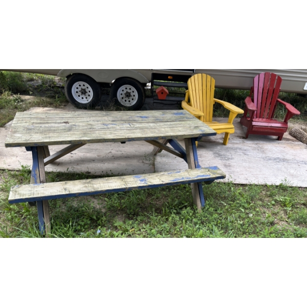 LOT OF 3 - MUSKOKA CHAIRS AND 6 FT PICNIC TABLE