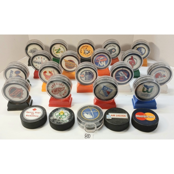 QTY OF COLLECTIBLE HOCKEY PUCKS - CANUCKS, NORTH STARS, NORDIQUES, ETC