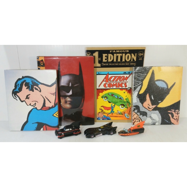 LOT OF 7 - DC BATMAN & SUPERMAN COLLECTOR BOOKS & MODELS - INCL  1ST EDITION ACTION COMICS 