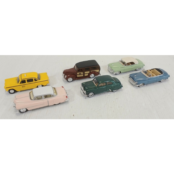 LOT OF 6 - ERTL & SOLIDO DIECAST MODELS - 1950 CABRIOLET, 1959 CHECKER CAB, WOODY STATION WAGON, ETC