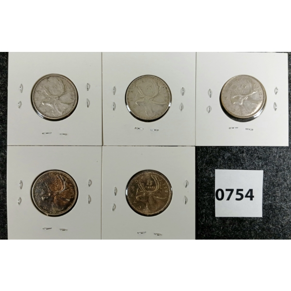 LOT OF 5 - 1960 & 1961 CDN SILVER 25 CENT COINS 