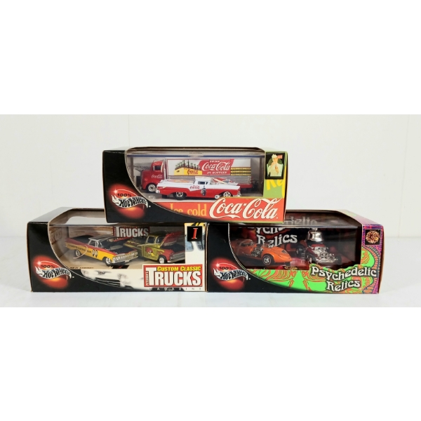 LOT OF 3 - HOTWHEELS DIECAST COCA-COLA, PETERSEN'S TRUCKS & PSYCHEDLIC RELICS MODELS - SEALED 