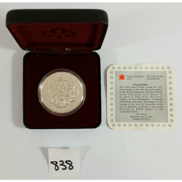1994 RCM SILVER DOLLAR - 25TH ANNIVERSARY OF THE LAST DOG TEAM PATROL OF THE RCMP