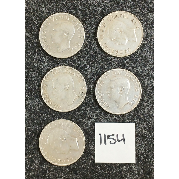 LOT OF 5 - 1952 CDN 50 CENT SILVER COINS
