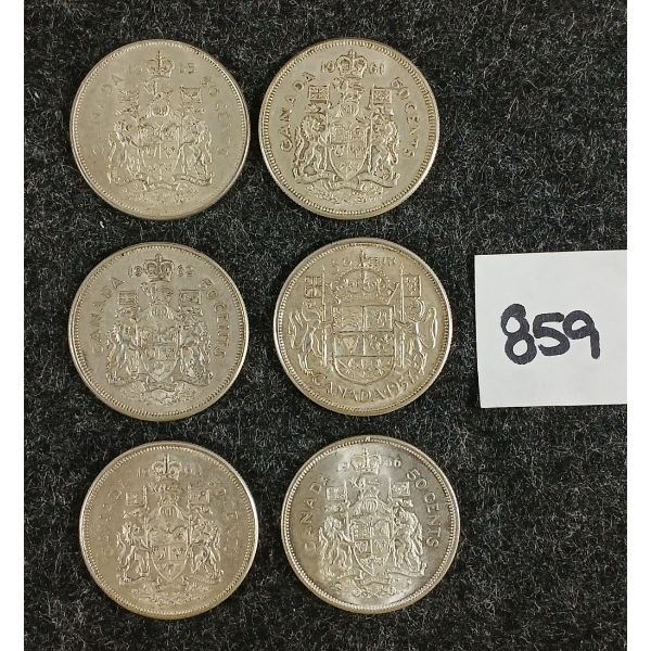 LOT OF 6 - 1957-1962 CDN 50 CENT SILVER COINS