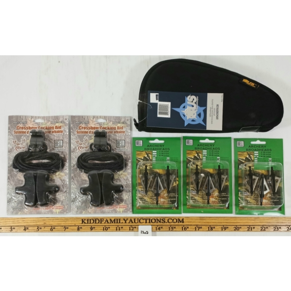 LOT OF 6 - BELL ARCHERY BROADHEADS, CROSSBOW COCKING AID & US PEACEKEEPER PISTOL CASE - AS NEW