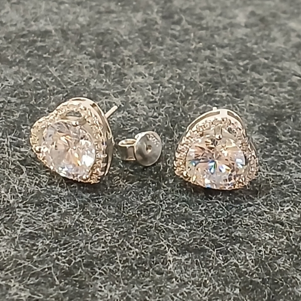 PAIR OF STERLING SILVER & SIMULATED DIAMOND HEART HALO EARRINGS