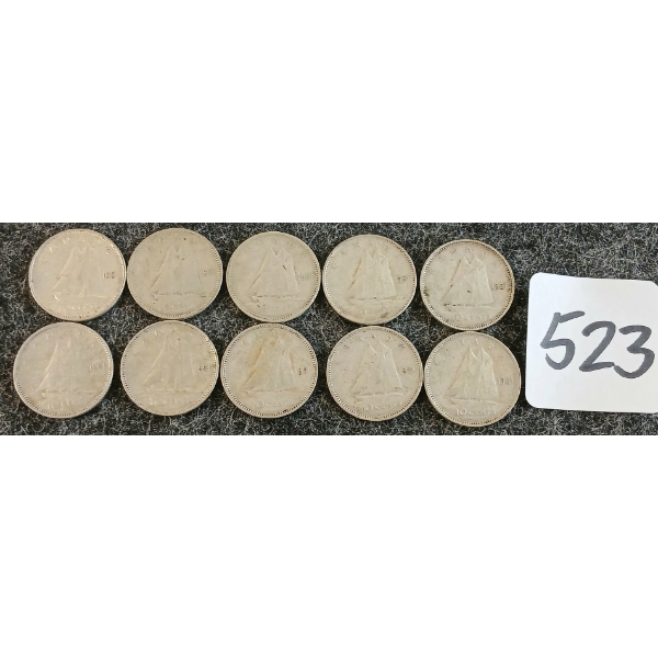 LOT OF 10 - 1951 CDN 10 CENT COINS