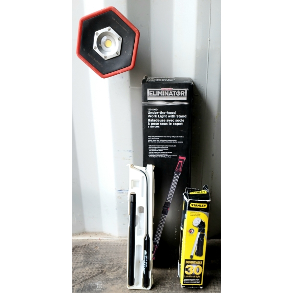 LOT OF 4 - LIGHTS - MOTOMASTER ELIMINATOR, STANLEY LED, MAGNETIC LUMINATOR JR ETC.