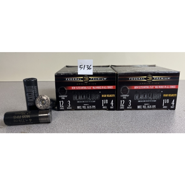 AMMO: 50X FEDERAL BLACK CLOUD FS STEEL 12 GA 3IN 1-1/8OZ NO4 SHOT