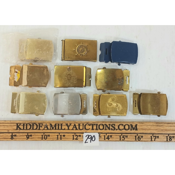 LOT OF 10 - BRASS BELT BUCKLES - INCL "STRIKE FAST STRIKE SURE" & NAVY SYMBOL