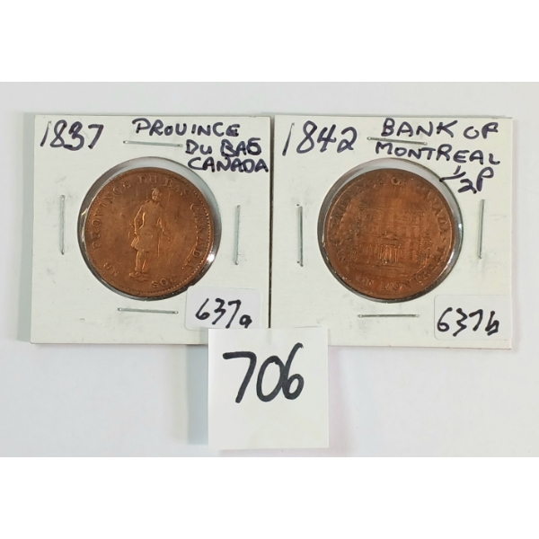 LOT OF 2 - 1837 & 1842 PROVINCE DU BAS CANADA & BANK OF MONTREAL 1/2 PENNIES