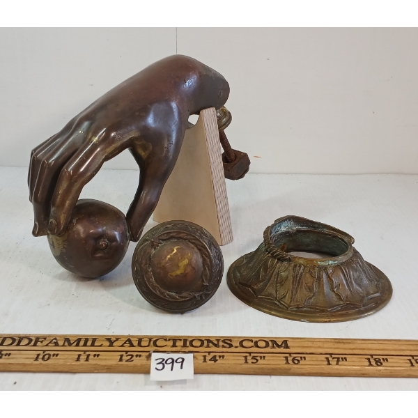 LOT OF 2 - BRASS WOMAN'S HAND W/ APPLE DOOR KNOCKER & HANDLE