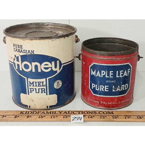 LOT OF 2 - MAPLE LEAF PURE LARD & PURE CANADIAN HONEY TINS - 3 & 8LBS