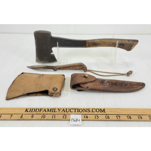 LOT OF 2 - BRIDGEPORT HOWE HATCHET & DH RUSSELL BELT KNIFE W/ SHEATH