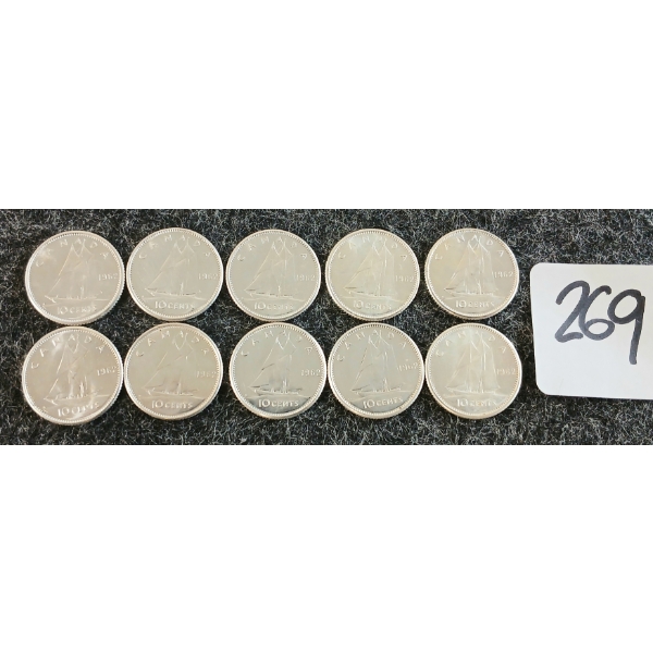 LOT OF 10 - 1962 CDN 10 CENT COINS