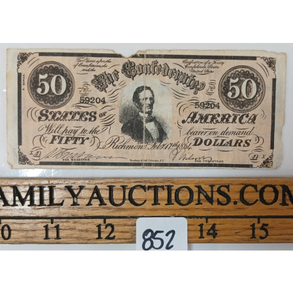 1864 CONFEDERATE STATES OF AMERICA $50 BANKNOTE