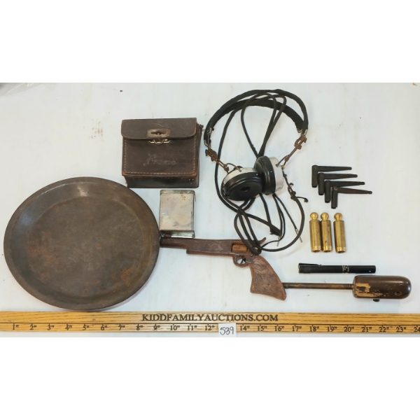 JOB LOT - IRISH REGIMENT BAND CASE, HEADPHONES, MESS TIN, VINTAGE FIREARM TOOLS, ETC
