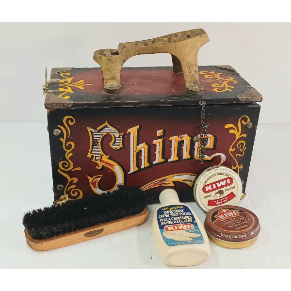 5 CENT TRAVEL SHOE SHINE BOX W/ CONTENTS
