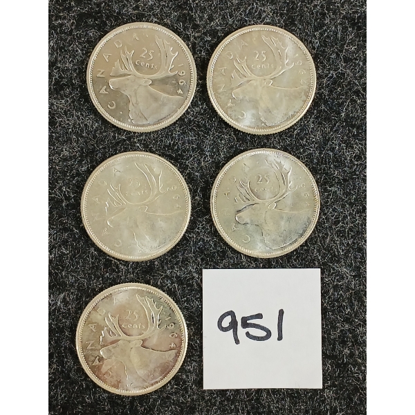 LOT OF 5 - 1964 CDN 25 CENT SILVER COINS