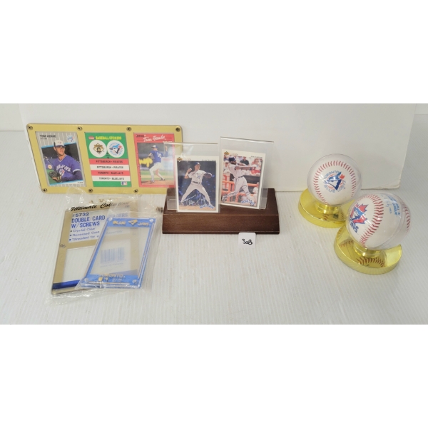 LOT OF 6 - 1988 /1997 RAWLINGS BASEBALLS, BASEBALL PLAYER CARDS & HOLDERS - AUTOGRAPHED