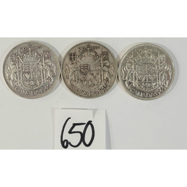 LOT OF 3 - 1946 CDN 50 CENT SILVER COINS