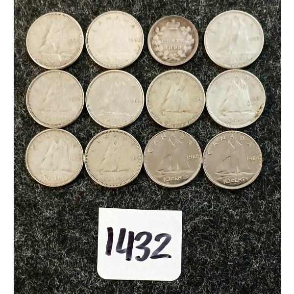 LOT OF 12 - 1951-1968 CDN 10 CENT COINS & 1893 5 CENT COIN