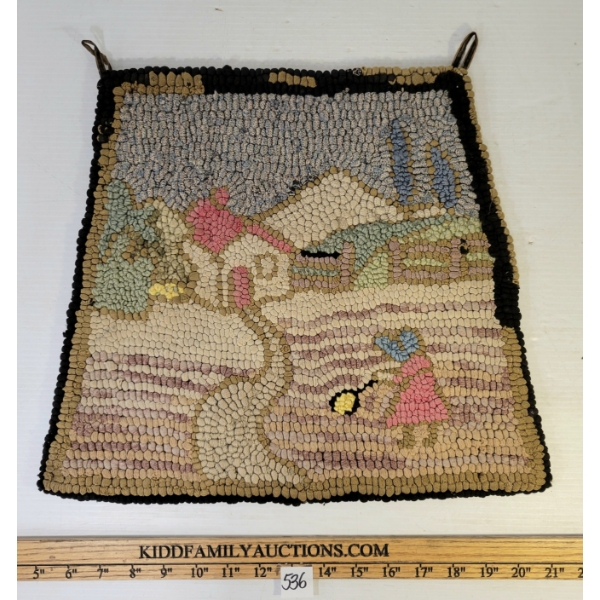 FOLK ART HOOKED WOOL WALL HANGING - NAIVE LANDSCAPE - CIRCA LAT 1800s / EARLY 1900s